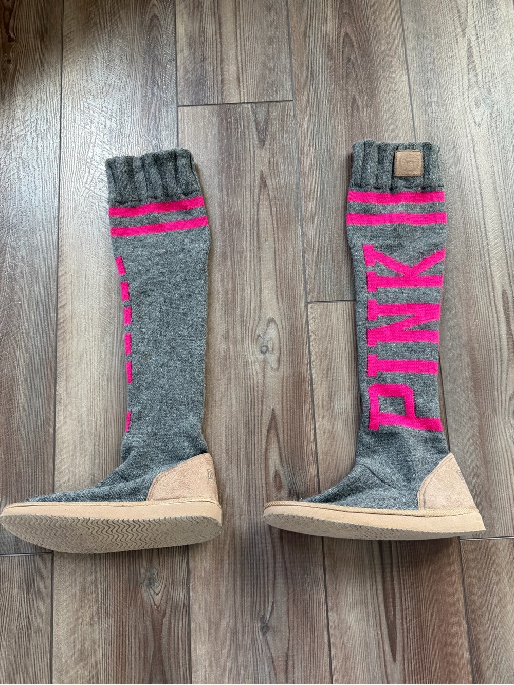 PINK Victoria’s Secret Gray Pink Knee High Sock Boots